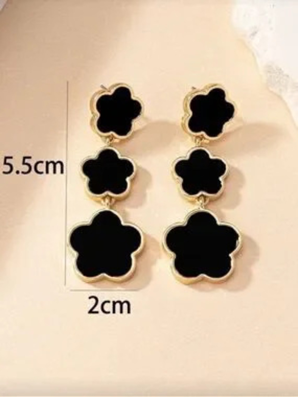 Gold and Black Three-Tier Floral Drop Earrings